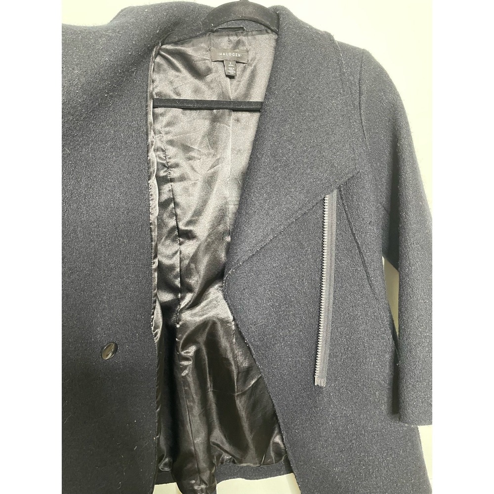 Halogen Wool Coat Jacket Mid Length‎ Asymmetrical Zip Black Petite Warm Winter S - Picture 9 of 13